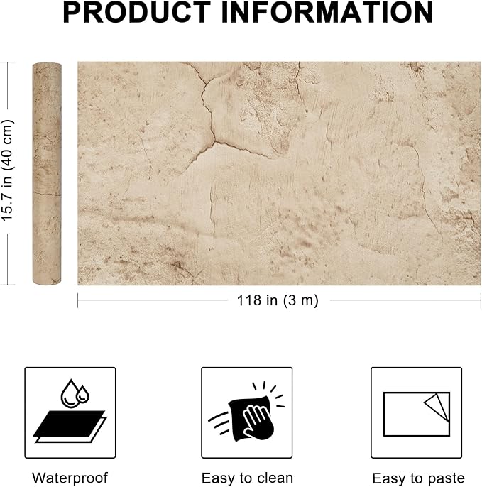 WADILE Beige Concrete Wallpaper 15.7 in * 118 in, Cement Contact Paper 3D Matte - Image 2
