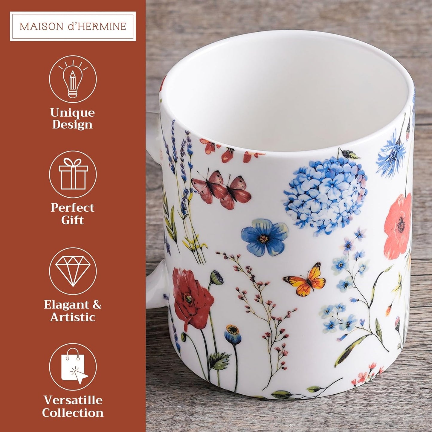 Maison d' Hermine Coffee Mug with Handles Fine Bone China Mugs Pack of One Tea Cups for Hot Beverages Cappuccino Latte Home Restaurant Office Perfect for Gift (Just Floral - Poppies Always, 15 Ounce)