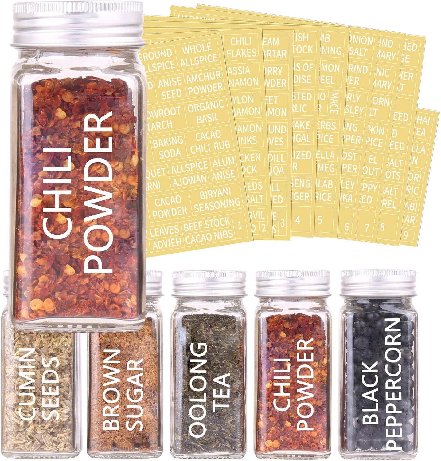 SWOMMOLY 66 Glass Spice Jars with 703 Spice Labels, Chalk Marker and Funnel Complete Set. 66 Square Glass Jars 4oz, Airtight Cap, Pour/sift Shaker Lid
