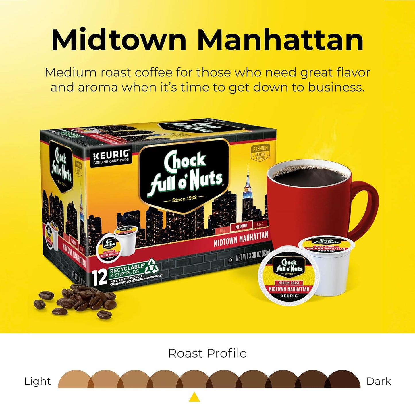 Chock full o’Nuts Midtown Manhattan Keurig K-Cup Pods for Keurig Brewers – Premium Arabica, Medium Roast – Single Serve – 1 Pack of 12 K-Cup Pods