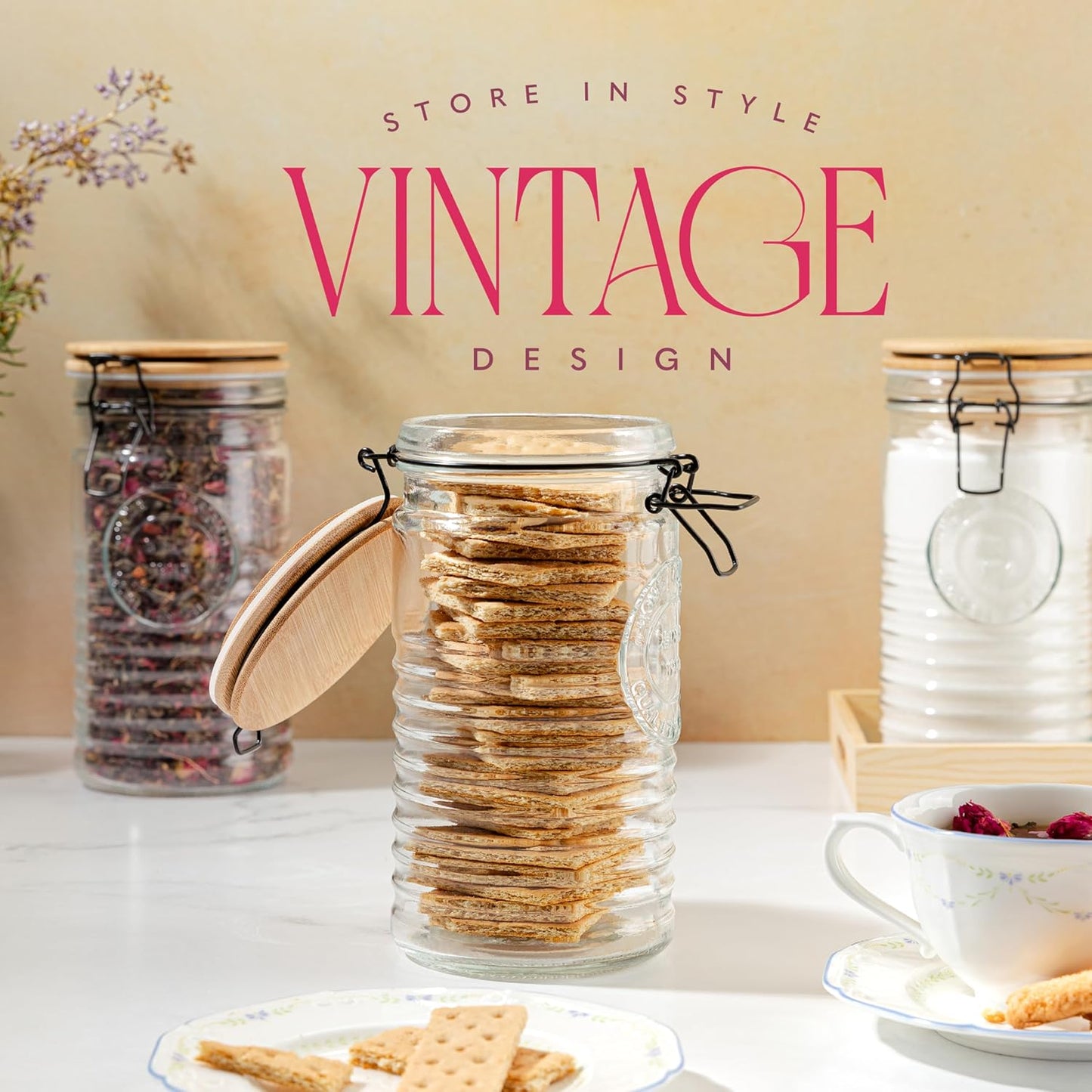 Glass Storage Containers with Airtight Lids - 40 Ounce Mason Jar Storage Containers for Cereal, Coffee & Rice - Pantry Organizing Canister Set of 3 for Kitchen