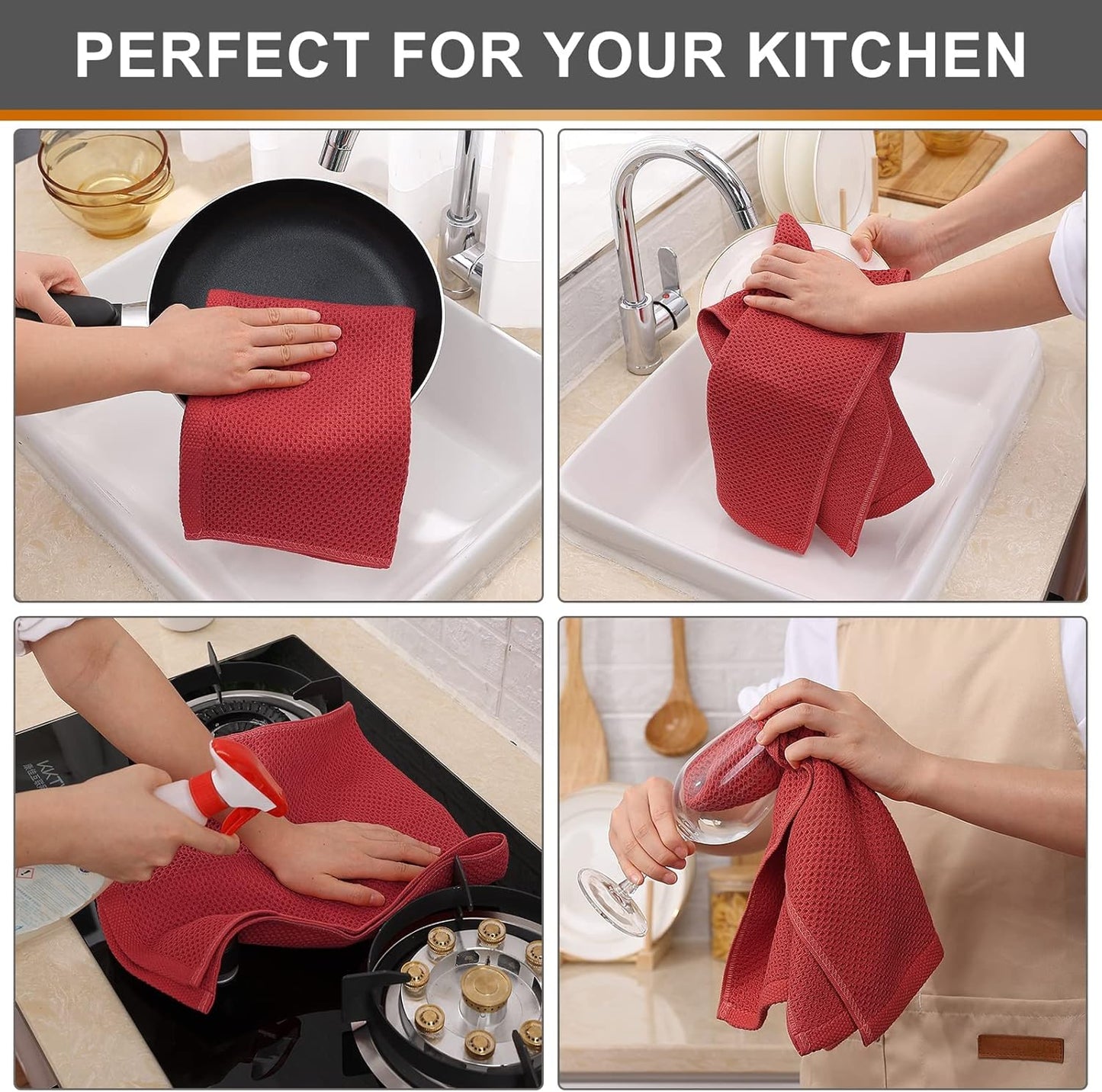 Kitinjoy 100% Cotton Waffle Weave Kitchen Towels, 6-Pack Super Soft and Absorbent Dish Towels for Drying Dishes, Kitchen Hand Towels, 13 in x 28 in, Brick Red