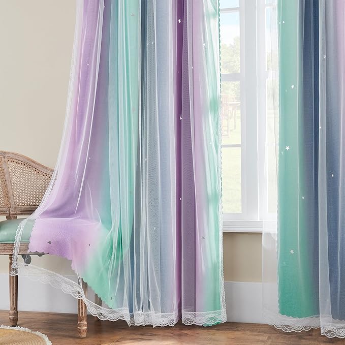 XiDi Curtains for Bedroom Decor, Rainbow Purplgreen grey52/45 - Image 4