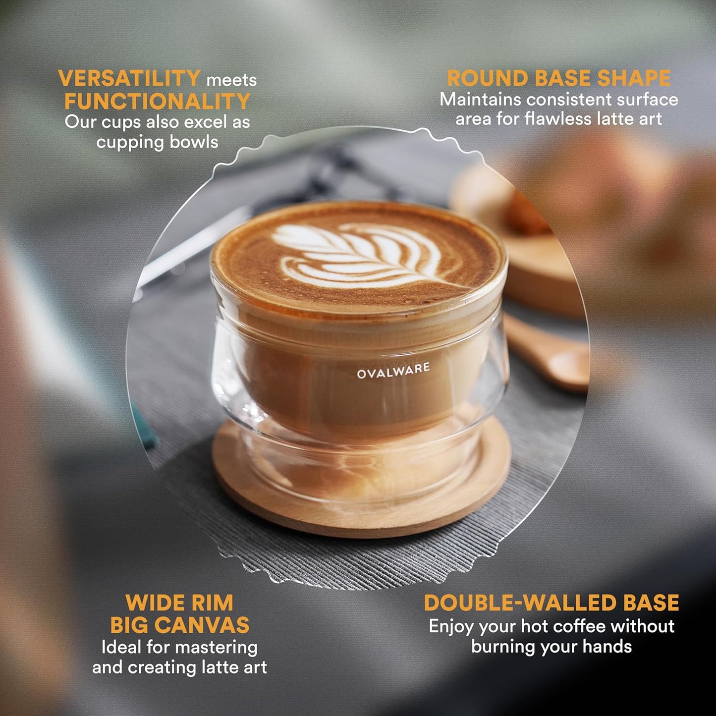 ovalware 8.5oz Double Wall Latte Cups, Latte Set of 2 - Double Wall Glasses for Cold & Hot Drink, Palm-Sized Cups with Wide Rim for Latte Art - Clear Design