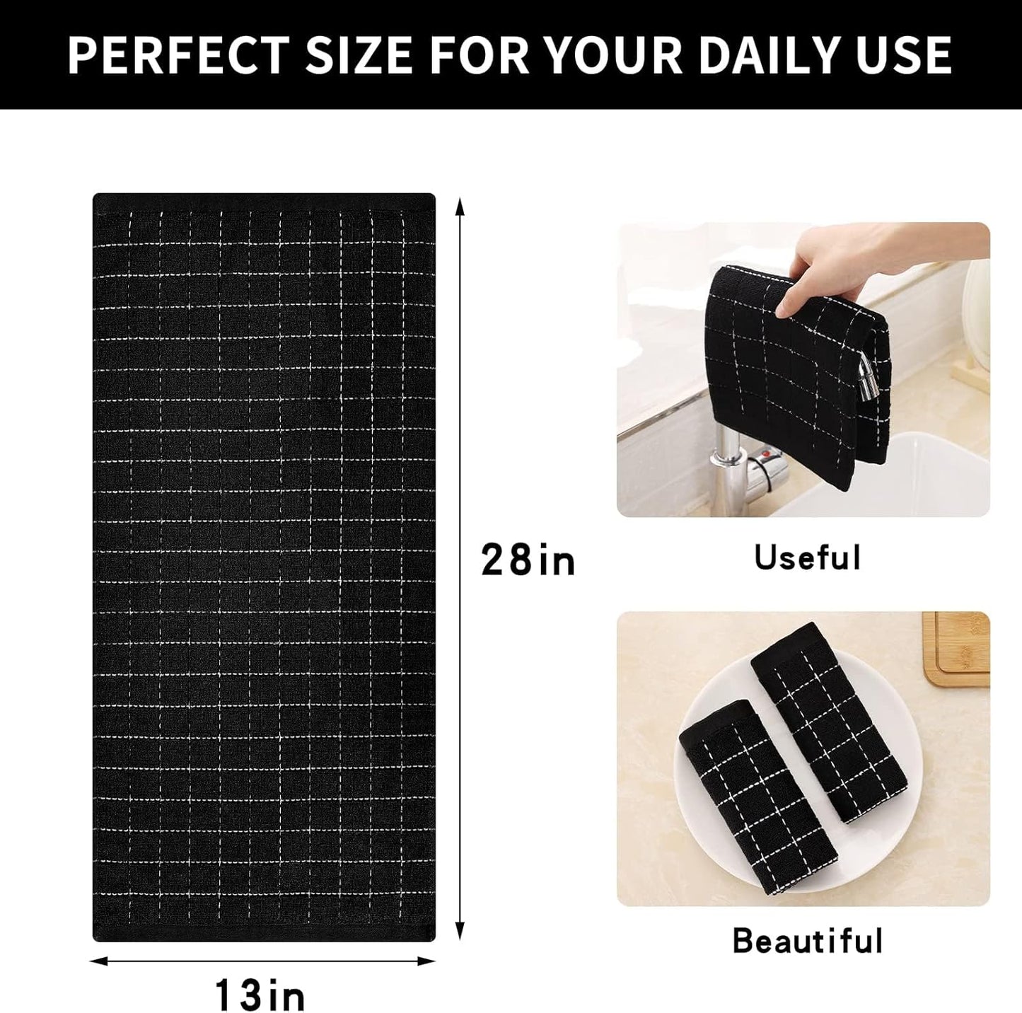 Homaxy 100% Cotton Terry Kitchen Towels(Black, 13 x 28 inches), Checkered Designed, Soft and Super Absorbent Dish Towels, 12 Pack
