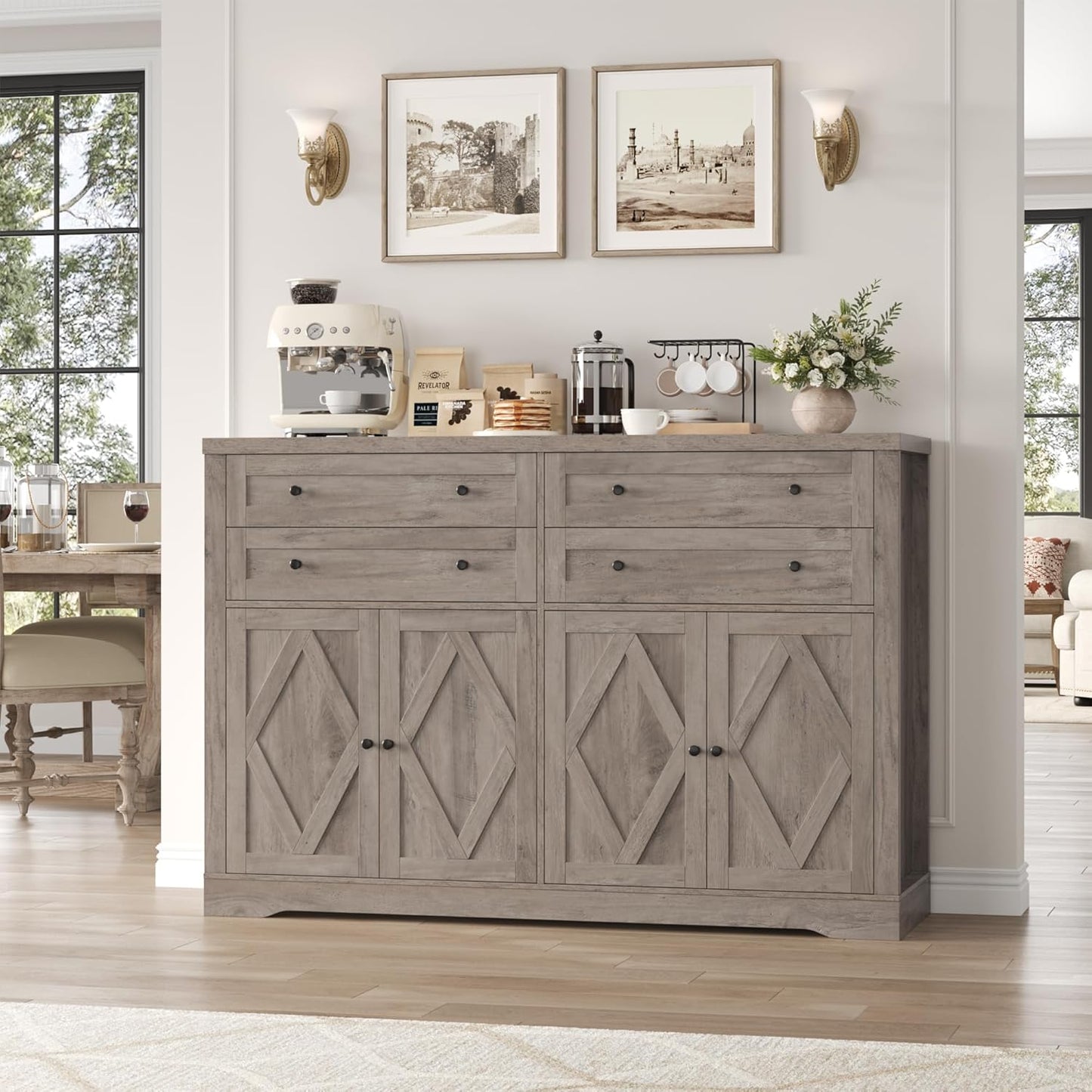 HOSTACK 55" Coffee Bar with 4 Large Drawers, 40" Tall Buffet Cabinet with Storage, Kitchen Storage Cabinet, Modern Farmhouse Sideboard Buffet, Adjustable Shelves for Living Room, Ash Grey