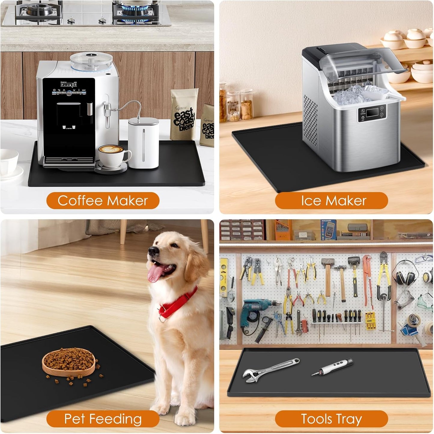 Silicone Coffee Mat with Raised Edges, 20'' x 15'', Keep Tidy for Countertops, Accessories Fit Under Coffee Maker Espresso Machine, Dish Drying Mat, Baking Mat (Black)