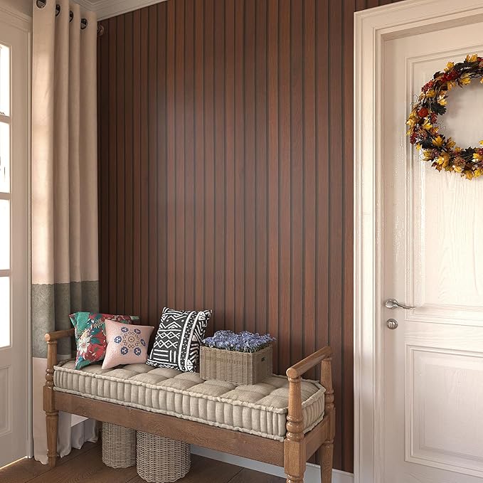 VEELIKE Walnut Wooden Slat Wallpaper Peel and Stick Waterproof Dark Wood - Image 4
