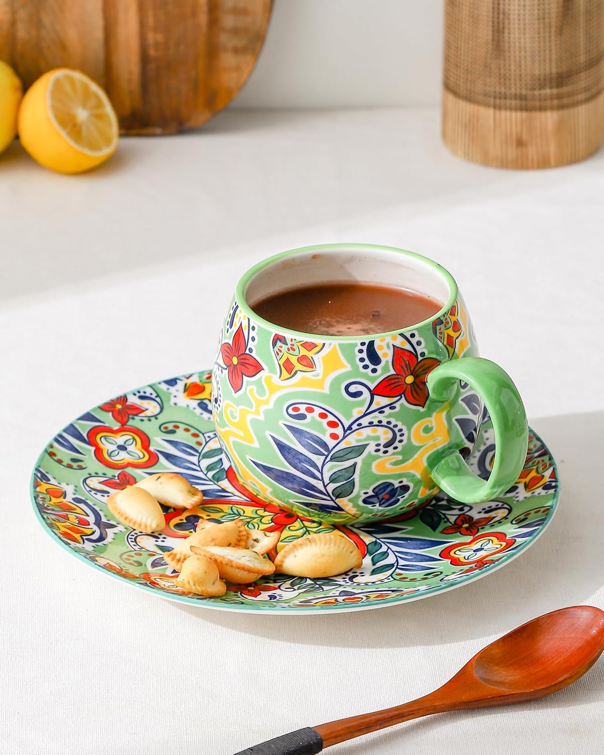 HENXFEN LEAD Boho Coffee Mugs 20 Ounce - Porcelain Cups for Latte, Tea, Cappuccino, Cocoa, Soup, Dishwasher, Microwave Safe, Christmas Gift Set of 6 - Bohemian Style