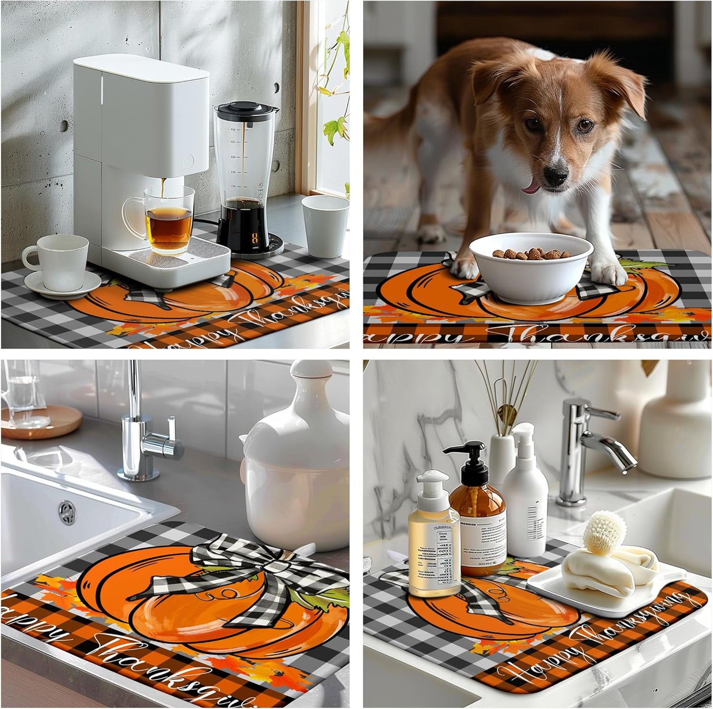 Fall Pumpkin Dish Drying Mats Thanksgiving Kitchen Drying Mat Buffalo Plaid Microfiber Large Dish Dryer Pad Maple Leaves Absorbent Dishes Drain Matt XL Washable Foldable(18x24 in)