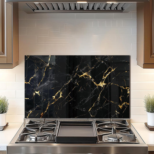 DAIFURONGE Tempered Glass Backsplash For Kitchen Behind Stove,Black Marbling Stove Backsplash Top Cover,Easy to Clean Glass Splashback, Sink Cover Splash Guard,Home Kitchen Wall Decor (30"x18"(76.2x45.72cm))