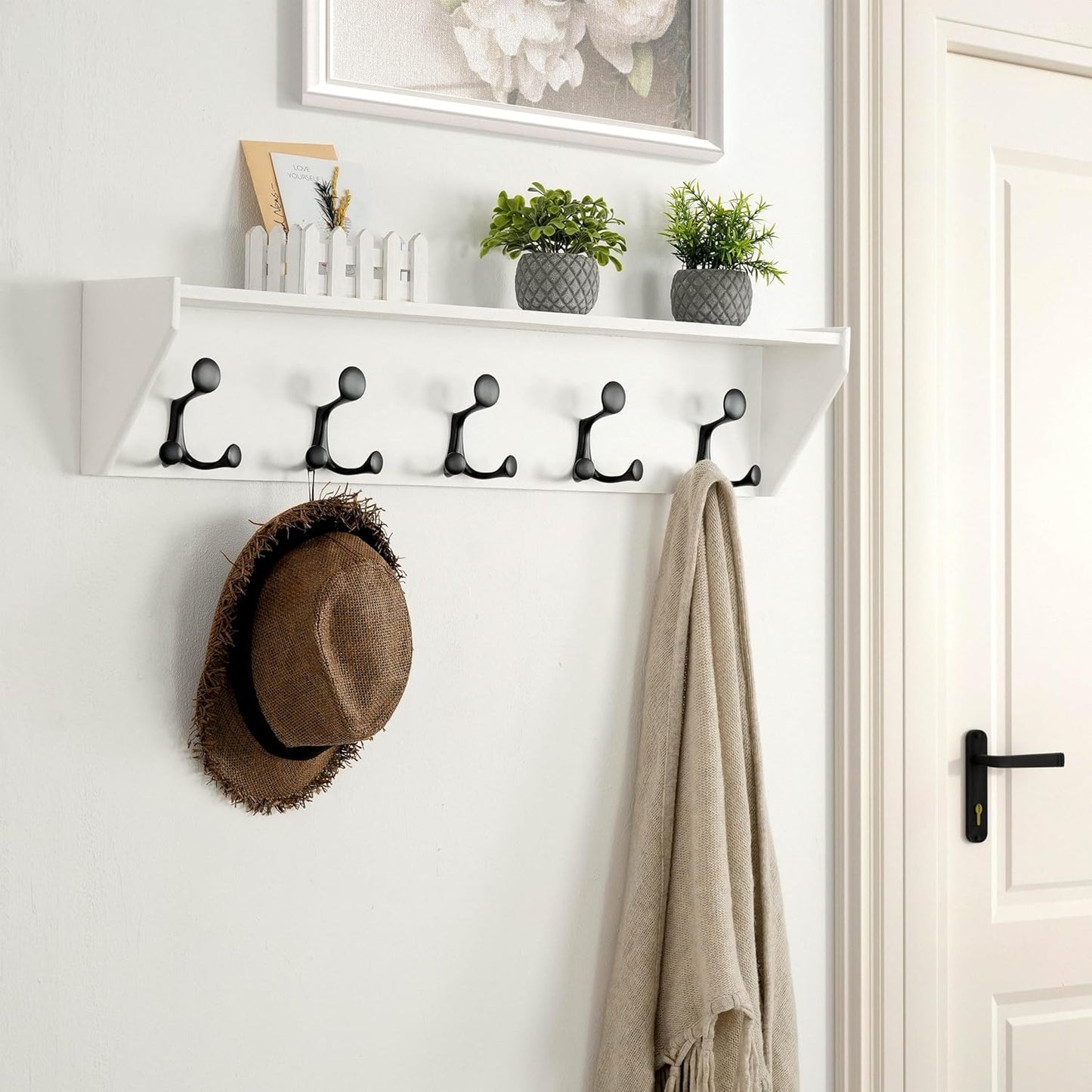 SKOLOO Wall Shelf with Hooks, 24-Inch White Coat Rack Wall Mount with Shelf Organizer - Lightweight & Sturdy, 5 Tri Hooks - Perfect for Entryway, Hallway, Living Room, Bedroom, Mudroom
