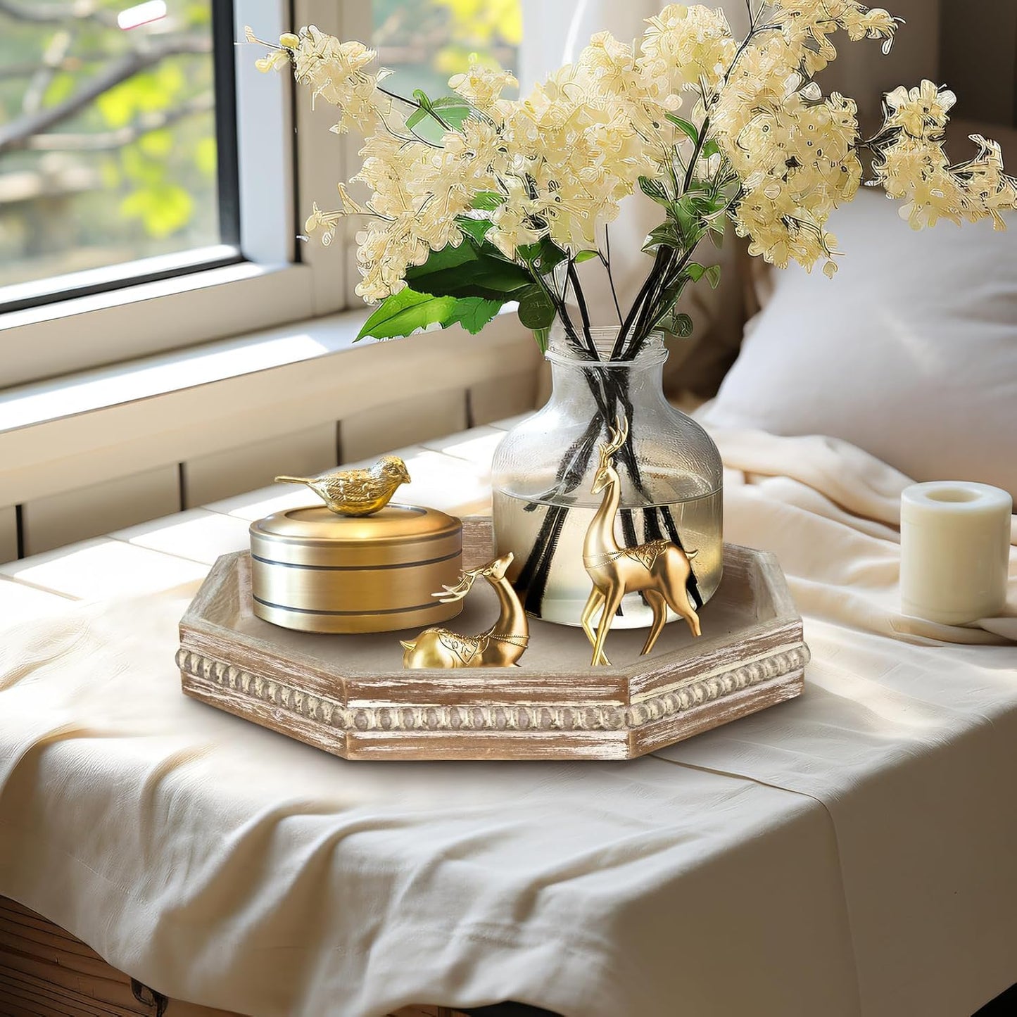 MAONAME Wood Serving Tray,Farmhouse Wooden Tray with Beads, Washed White Octagonal Serving Tray，Coffee Table Tray for Living Room, Kitchen, 12" X 12" X 1.6"