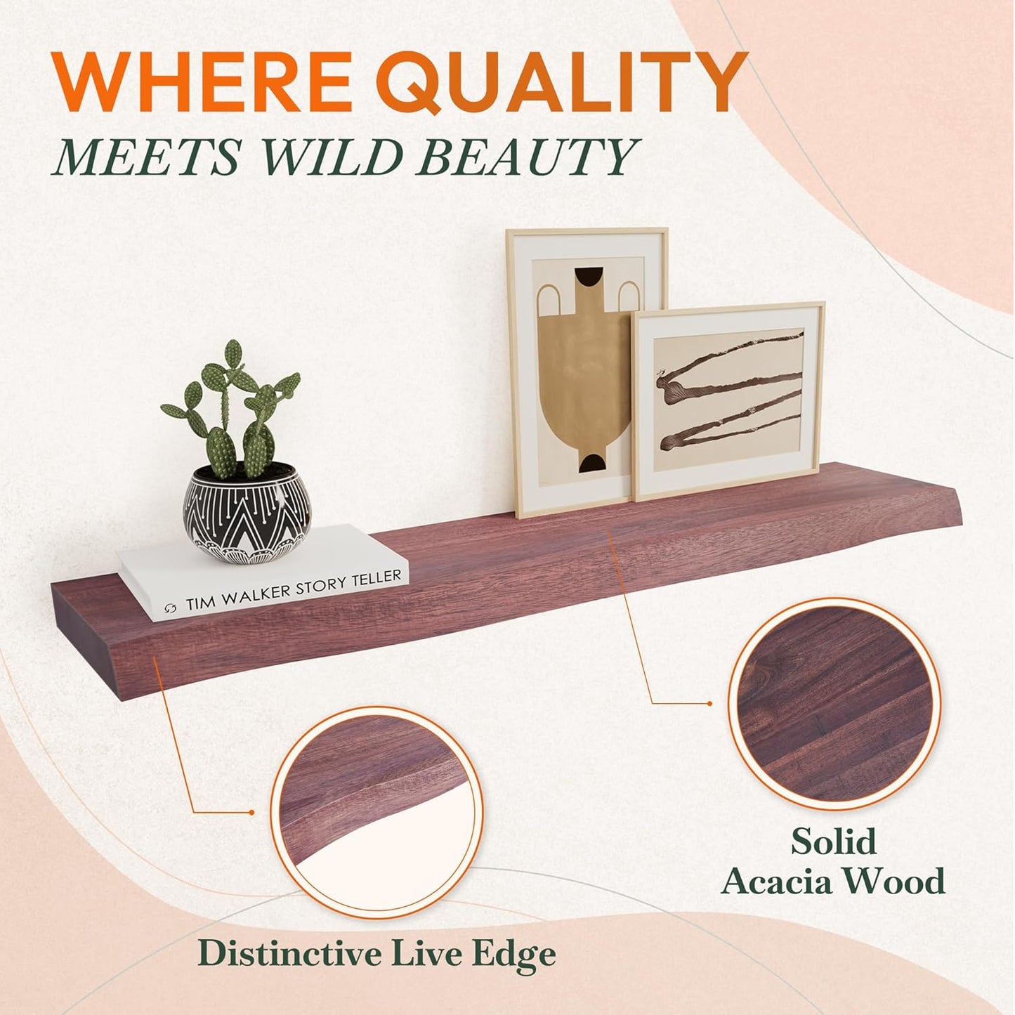 24" Acacia Live Edge Floating Shelves Set of 2 - Wall Mounted Wooden Shelf for Stylish Home Décor - Cherry Color 24x7.5x1.5 Inches