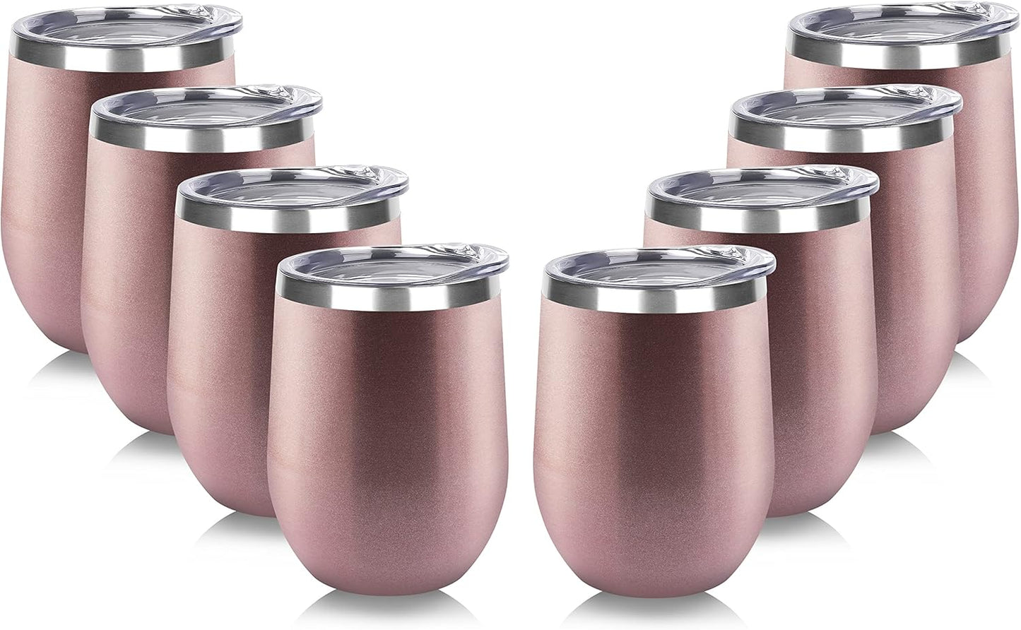 DOMICARE Stainless Steel Wine Tumbler Bulk with Lid, Personalized Rose Gold Insulated Tumblers Set, 12oz Travel Coffee Cups Pack of 8
