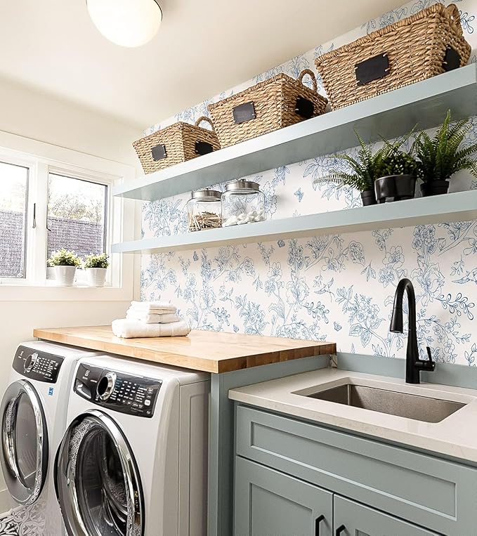 Froluya Cream White and Blue Floral Wallpaper Peel and Stick Wallpaper - Image 3