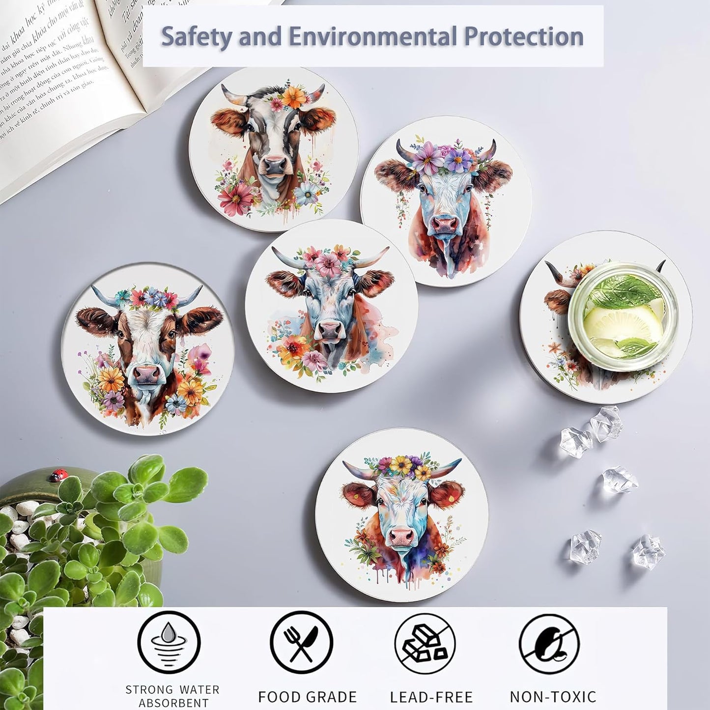 6 Pcs Coasters for Drinks with Holder, Highland Cows Flowers Absorbent Ceramic Coasters with Cork Base,Cute Funny Table Drinks Coasters Tabletop Protection Mat,Table Home Decor,4 Inches