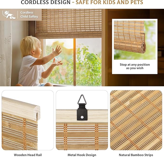 LazBlinds Cordless Bamboo Roll Up Shades - Image 2
