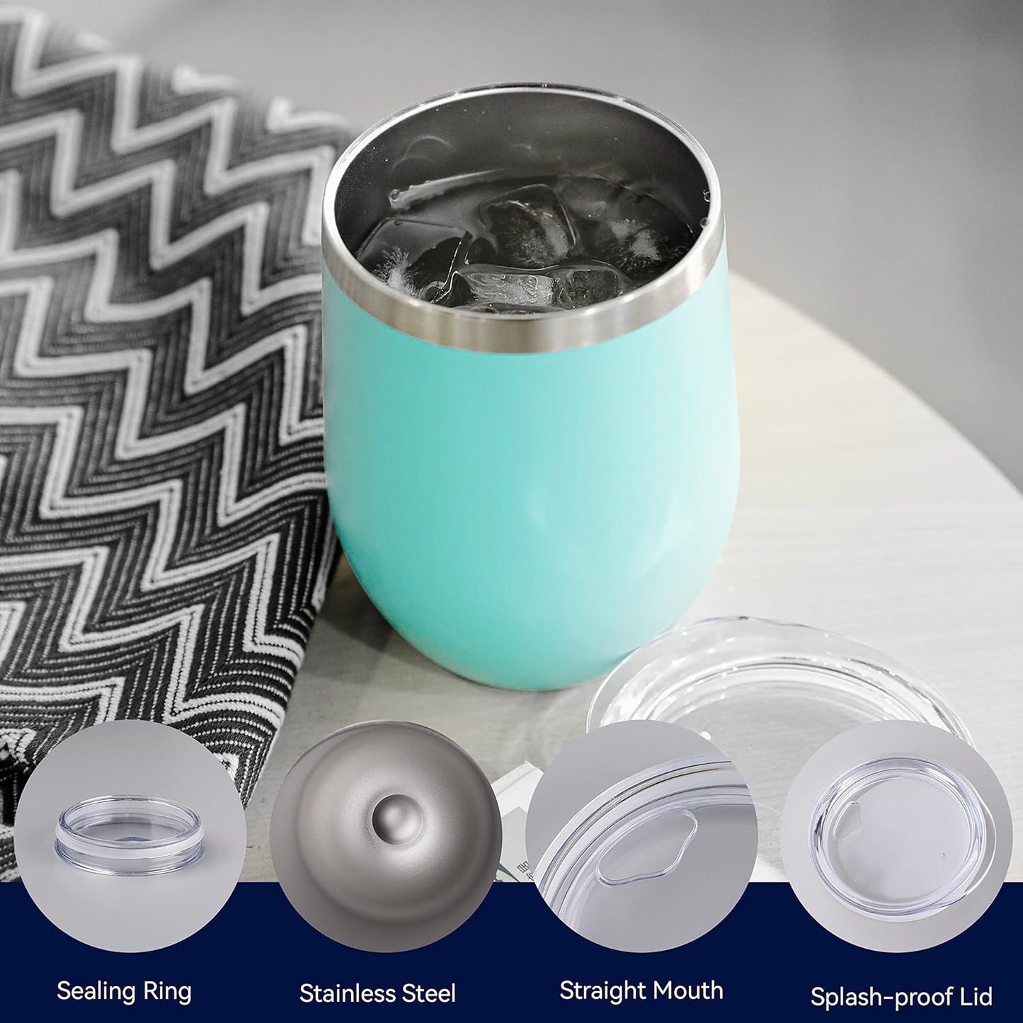 DOMICARE Stainless Steel Wine Tumbler Bulk with Lid, Personalized Insulated Tumblers Set, 12oz Travel Coffee Cups Pack of 4, Light Blue