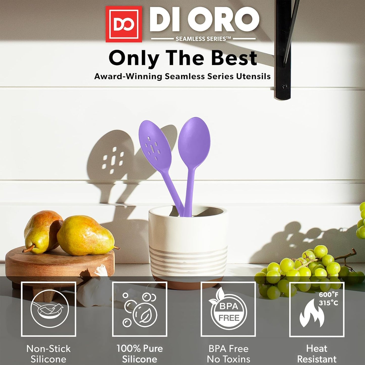 DI ORO Silicone Spoons for Cooking - Large Kitchen Spoons for Mixing, Serving & Stirring - 600°F Heat-Resistant Non Stick Utensils – Big Solid & Slotted Basting Spoon - Dishwasher Safe (2pc, Lavender)