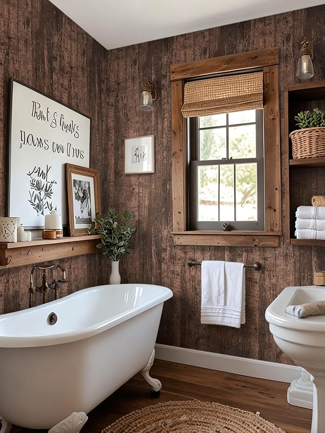 Dimoon 470''x17.7 Dark Brown Wood Peel and Stick Wallpaper Wood Contact Paper - Image 3