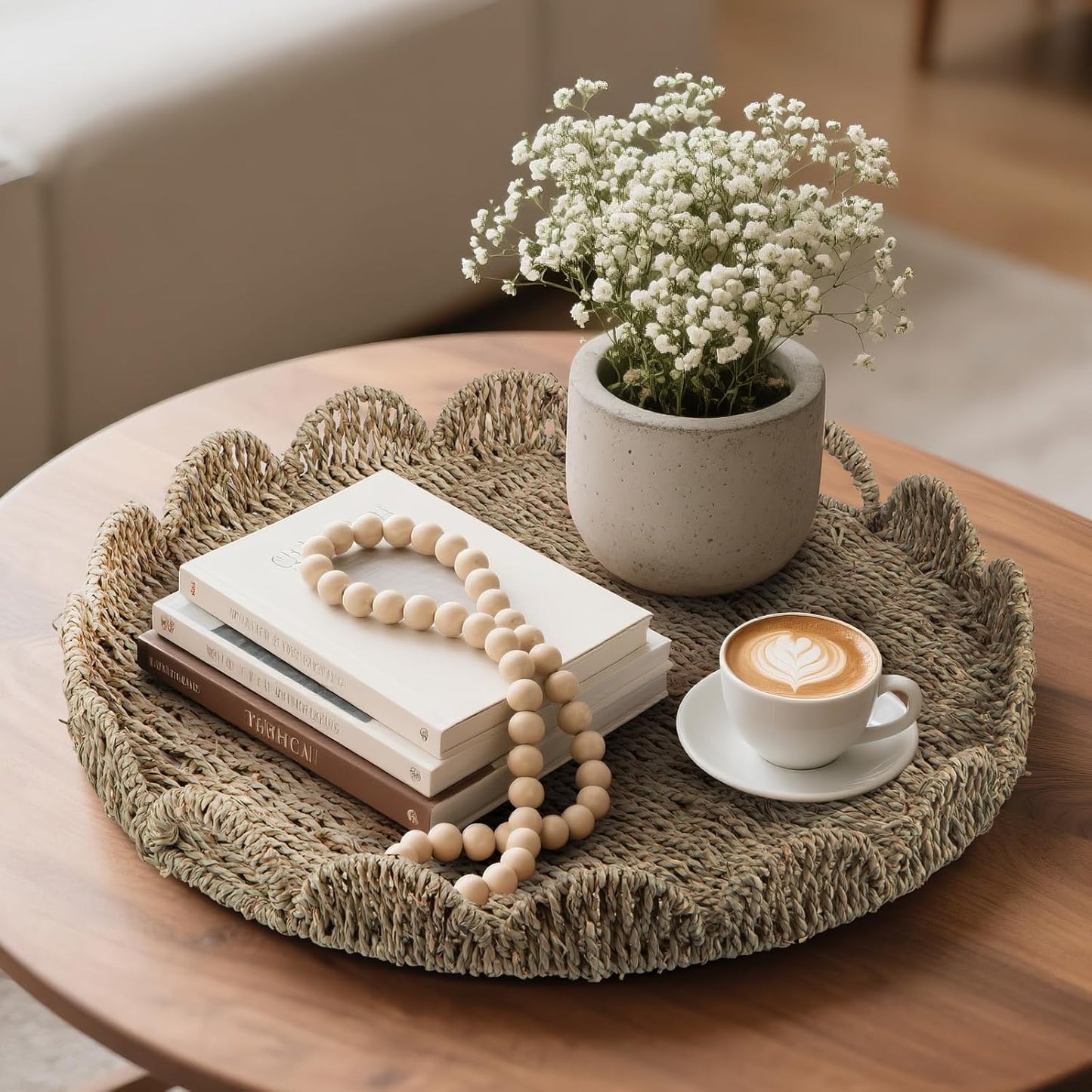 Round Ottoman Tray Large Wicker Serving Tray with Handles for Coffee Table, 20 Inch Handwoven Natural Seagrass Tray Scalloped Edges