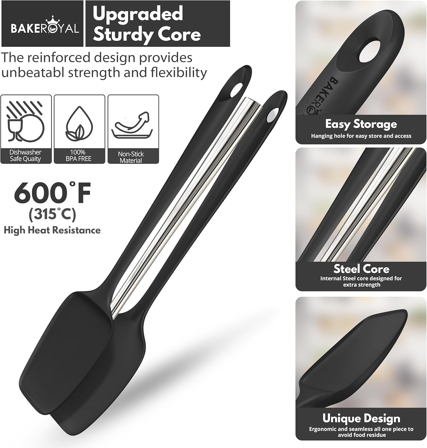 Silicone Spatula Set - 4-Piece Rubber Spatulas Silicone Heat Resistant 600°F for Everyday Task - Seamless Design Kitchen Spatulas for Nonstick Cookware - Black