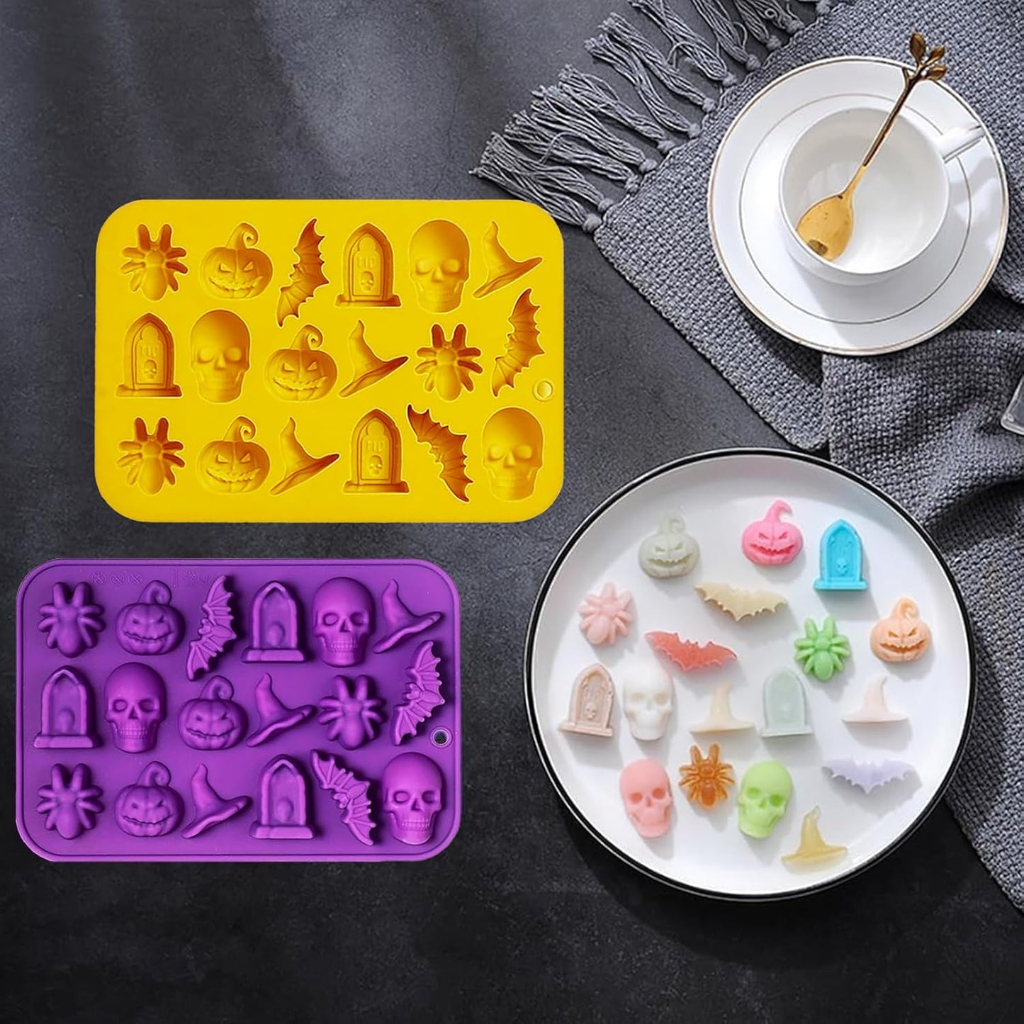 Halloween Chocolate Mold Silicone,18 Cavity Candy Gummy Mold with Pumpkin Wizard Hat Bat Spider Tombstone for Baking Chocolate Jelly Gummy Dessert (2pcs)