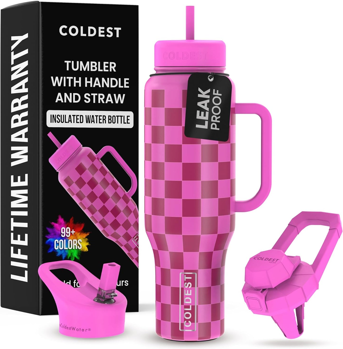 Coldest 40 oz Tumbler with Handle and Straw, 100% Leak Proof Insulated Tumbler with Lid and Straw (3 Lids), Stainless Steel Tumblers for Women & Men, Cup Holder Friendly, 46 oz (Purple Checkers)