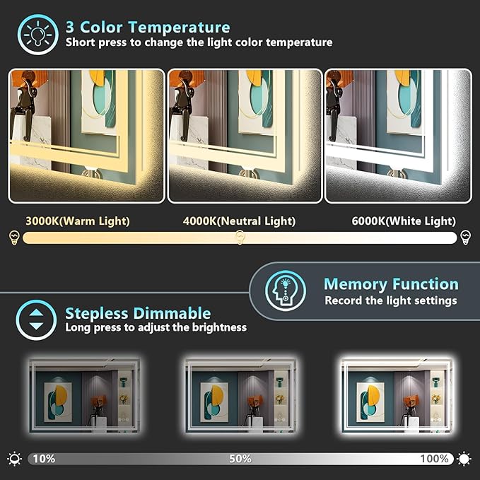 48x32 LED Bathroom Mirror with Lights, Backlit and Front Lit Anti-Fog Lighted - Image 4