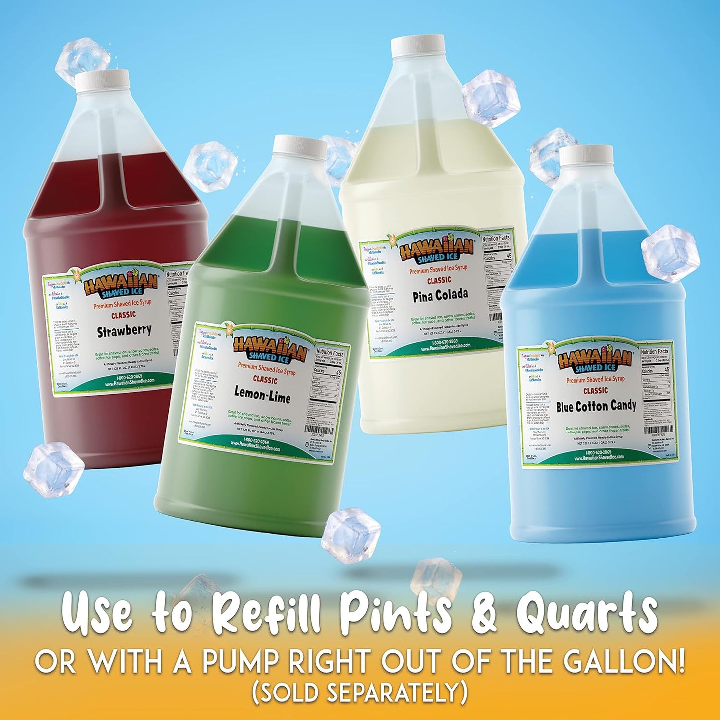 Hawaiian Shaved Ice Syrup Gallon 4-pack, Blue Cotton Candy, Strawberry, Pina Colada, Lemon-Lime, for Slushies, Italian Soda, Seltzers, Popsicles, & More, No Refrigeration Needed, Allergy-friendly
