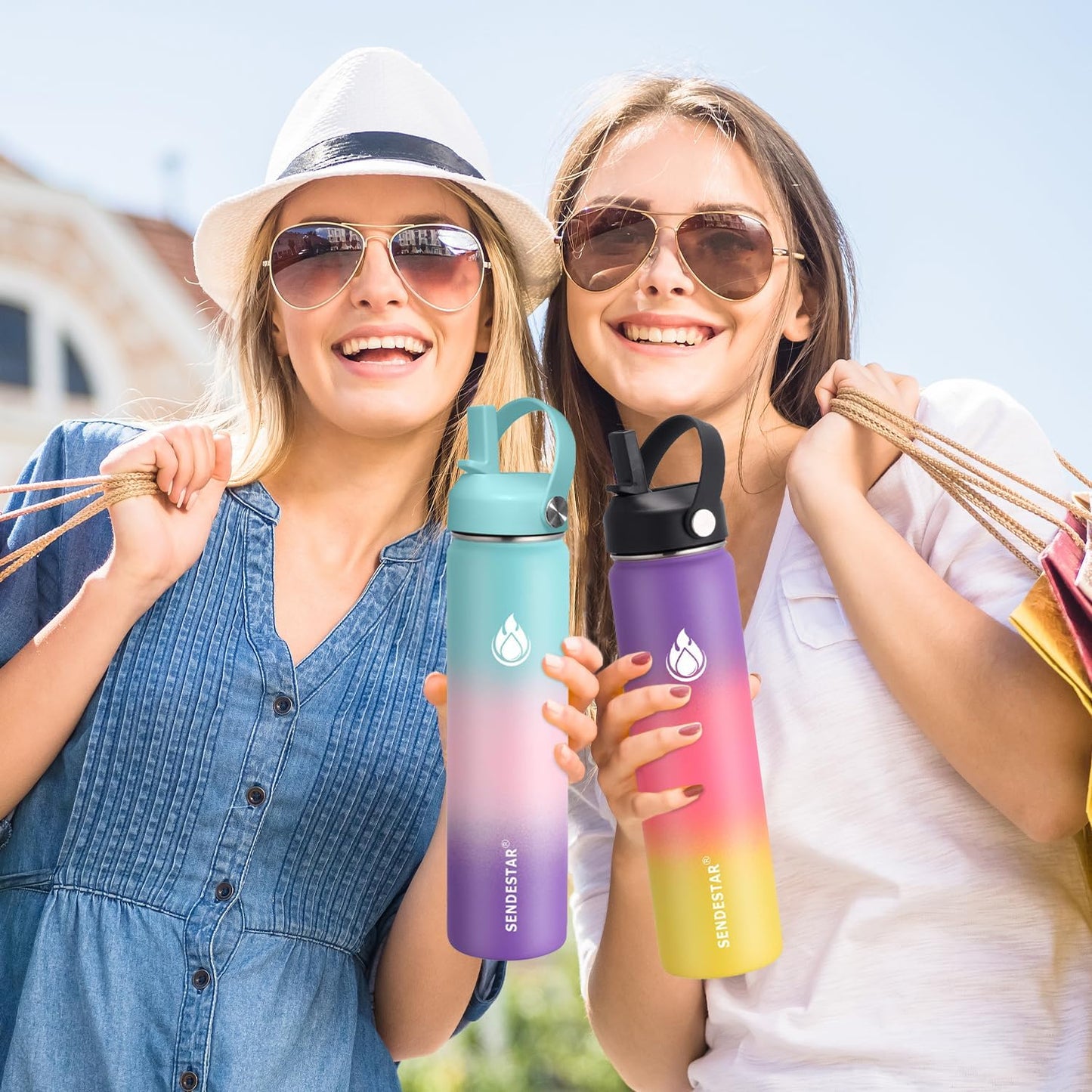 SENDESTAR Water Bottle Insulated Water Bottle 24 oz with Straw Lid Spout Lid Auto Flip Straw Top Cap for men and women