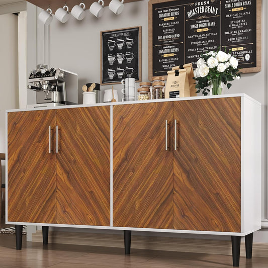 4 EVER WINNER 55" Sideboard Buffet Cabinet with Storage, Coffee Bar Cabinet with Adjustable Shelves, Kitchen Storage Cabinets with 4 Doors for Kitchen, Dining Room