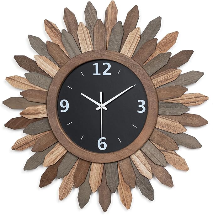 Honiway Large Wall Clock Battery Operated 21 in Rustic Wood Boho Sunburst by Honiway