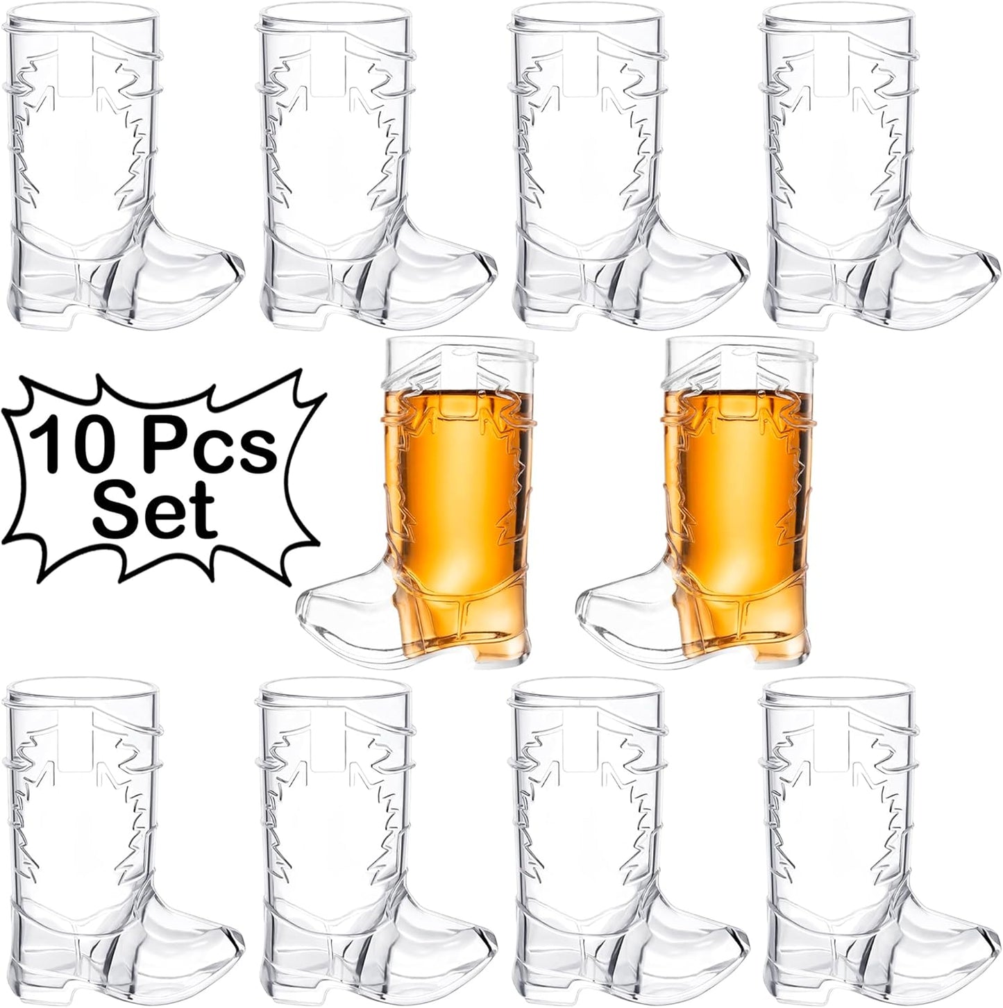 2 Ounce Cowboy Boot Shot Glasses | 10pcs Pack Double Ounce Plastic Shot Glass | Western Boot Shot Glasses for Parties | Bachelor Bachelorette Cowboy Parties | 4th of July Shot Glasses