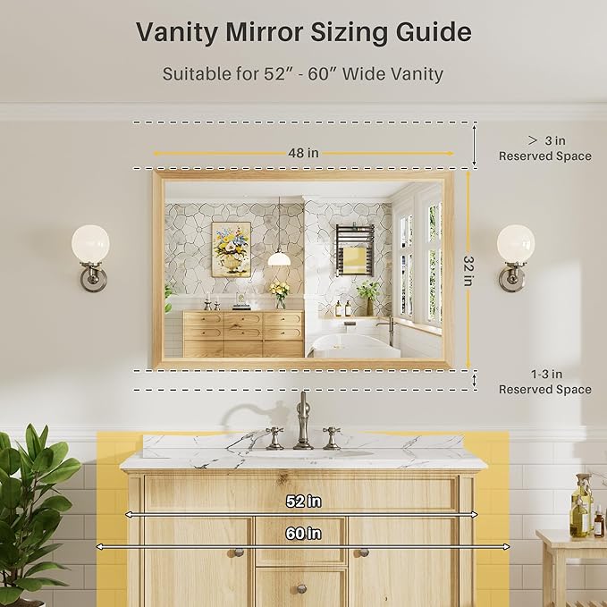 48x32 Inch Bathroom Mirror for Wall, Anti-Rust Oak Wood Grain Metal Framed - Image 2