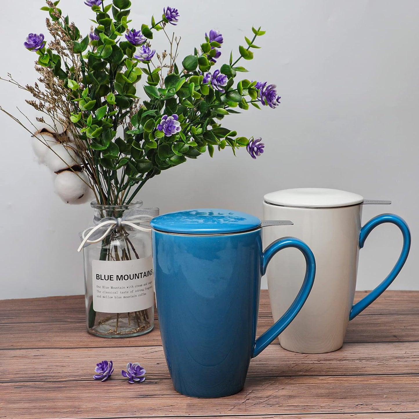 amhomel Porcelain Tea Mug with Infuser and Lid, 16 Ounce Ceramic Tea Cup for Loose Leaf, Coffee, Cocoa and Milk, Tea Gift for Tea Lovers, Set of 2(Blue and White)