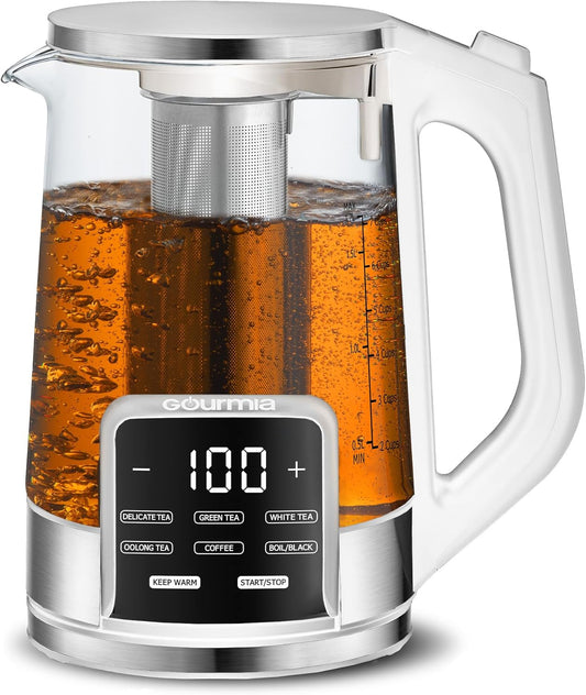 Gourmia Electric Programmable Glass Kettle – 1.7L Temperature Control Tea & Coffee Kettle with Digital Touch Display, 6 Presets, Keep Warm, Removable Stainless Steel Infuser, 360° Swivel Base – White