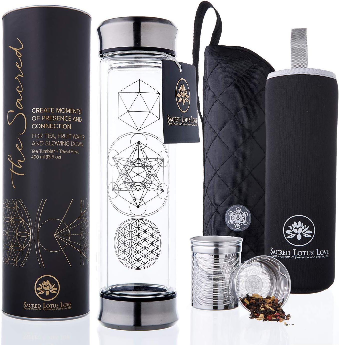Sacred Lotus Love Double-Walled Glass Tea Infuser Bottle - Portable Travel Mug with Strainer and Sleeve for Loose Leaf Tea, Coffee, Smoothies - Insulated Tumbler with Lid for Hot and Iced Beverages