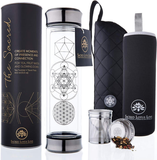 Sacred Lotus Love Double-Walled Glass Tea Infuser Bottle - Portable Travel Mug with Strainer and Sleeve for Loose Leaf Tea, Coffee, Smoothies - Insulated Tumbler with Lid for Hot and Iced Beverages