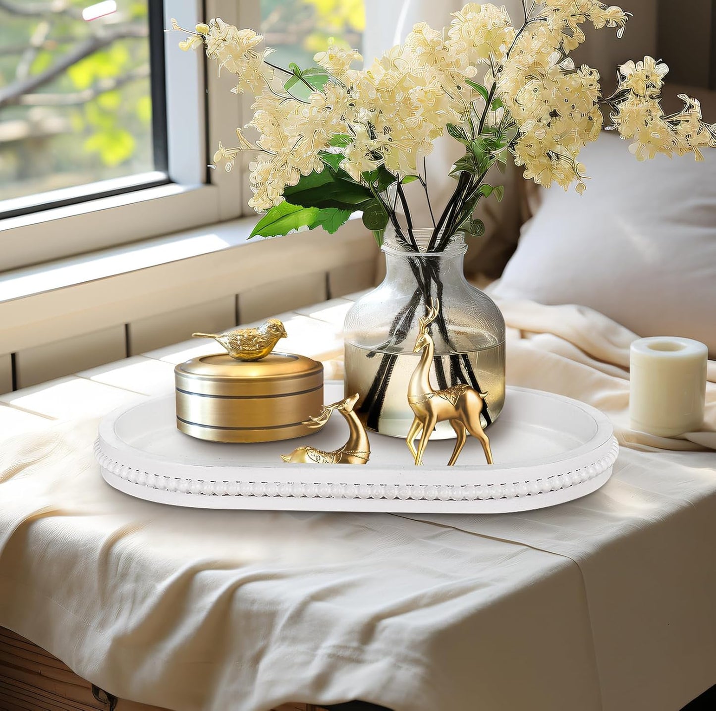 MAONAME Wood Serving Tray, Farmhouse Wooden Tray for Coffee Table, Oval Beaded Trays, White Decorative Trays for Living Room, Kitchen, 15" X 9" X 1.2"