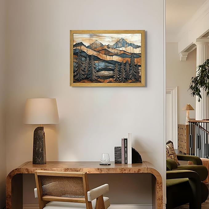 Vintage Boho Mountain Wall Art, Framed Landscape Canvas Wall Art, Nature Forest - Image 8