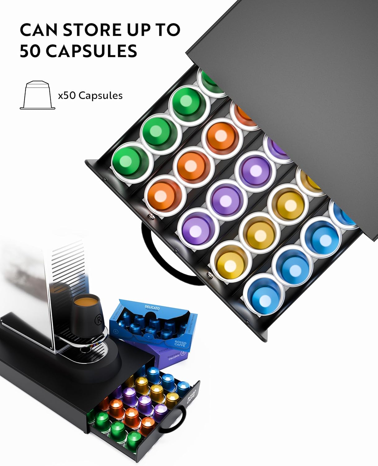 ROSSO CAFFÈ - Coffee Capsule Drawer Organizer, Holds Up to 45 capsules, Space-Saving Storage, Sleek Countertop Design