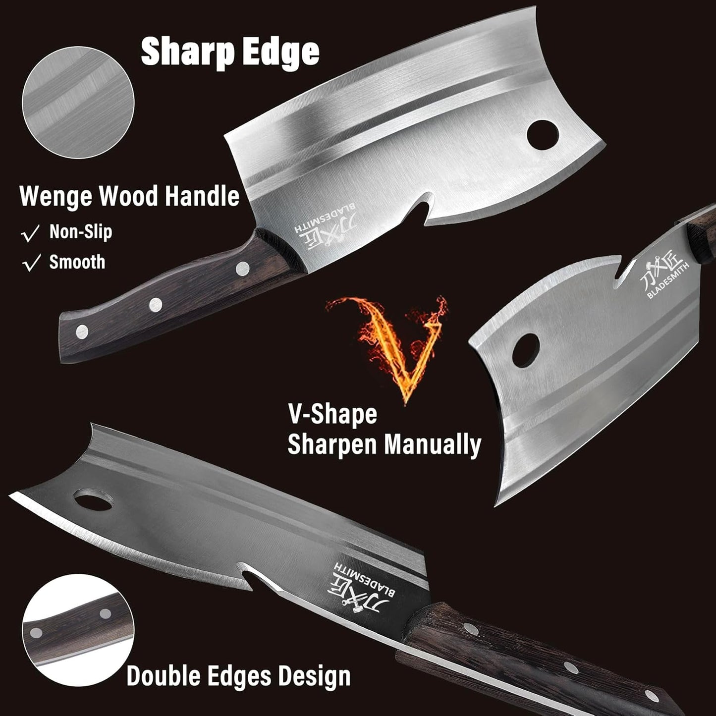 BLADESMITH Meat Cleaver, Multi-Purpose Dual Edges Butcher Knife, Heavy Duty Chopper Knife for Bone Cut with Ergonomic Wenge Handle