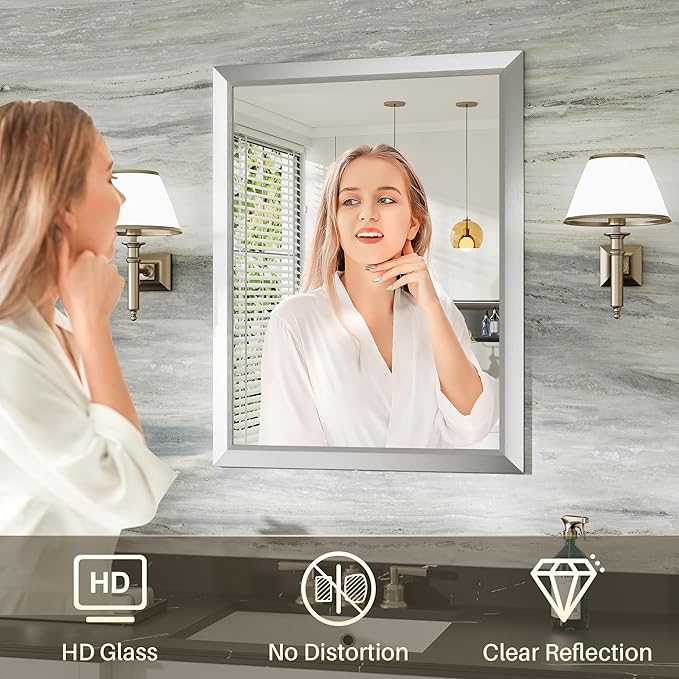 24x36 Inch Brushed Silver Bathroom Mirror - Image 4