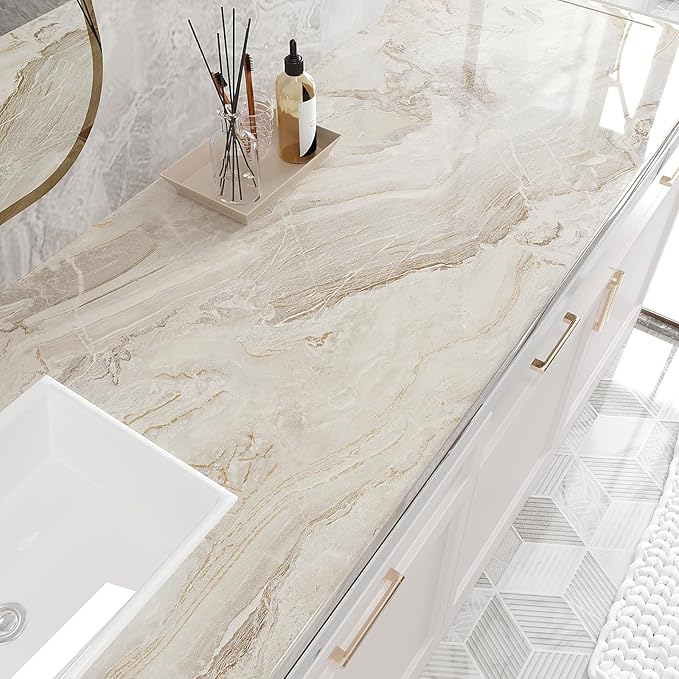VEELIKE Glossy Beige Gold Marble Contact Paper - Image 3