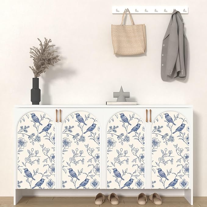 Beige Wallpaper Peel and Stick Blue Floral Bird Vintage Contact Paper 17.5" x - Image 5