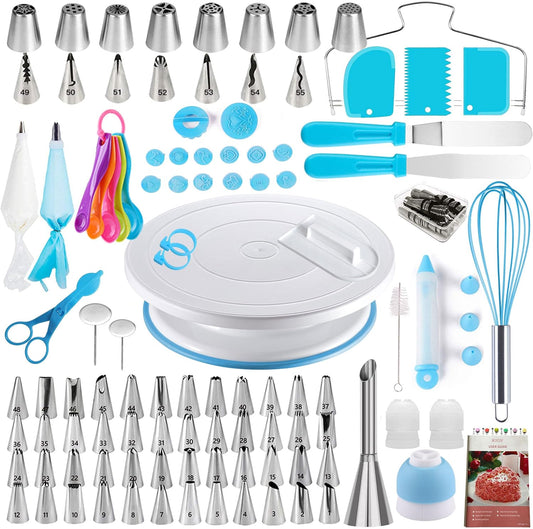 Cake Decorating Kit,137pcs Cake Decorating Supplies with Cake Turntable for Decorating,Pastry Piping Bag,Russian Piping Tips Baking Tools, Cake Baking Supplies for Beginners(Blue)