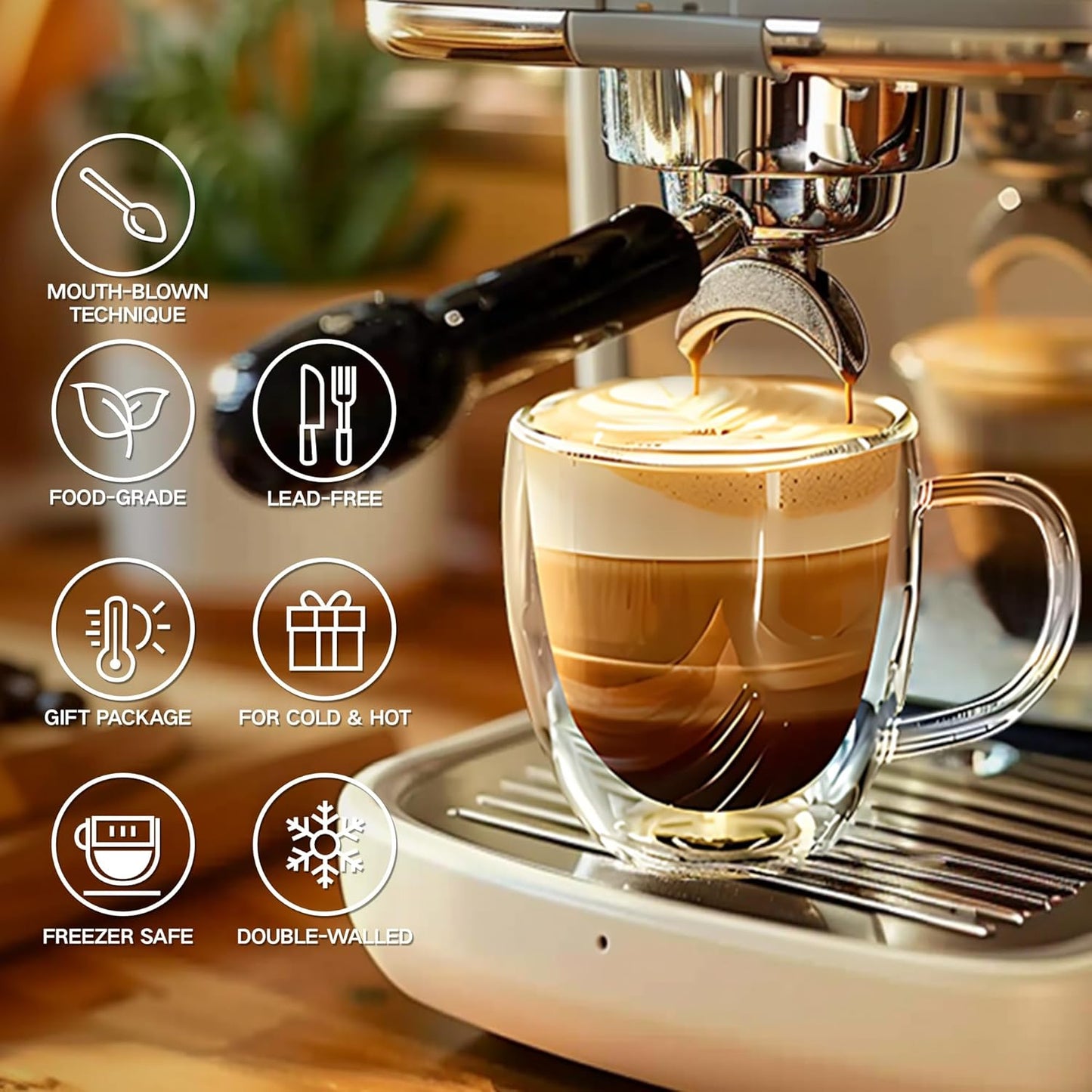 8 Ounces Set of 4 Double Walled Glass Coffee Mugs with with Handle Insulated Layer Coffee Cups Borosilicate Glass Espresso Double Insulated Clear Glass Coffee Mug for Hot Beverages