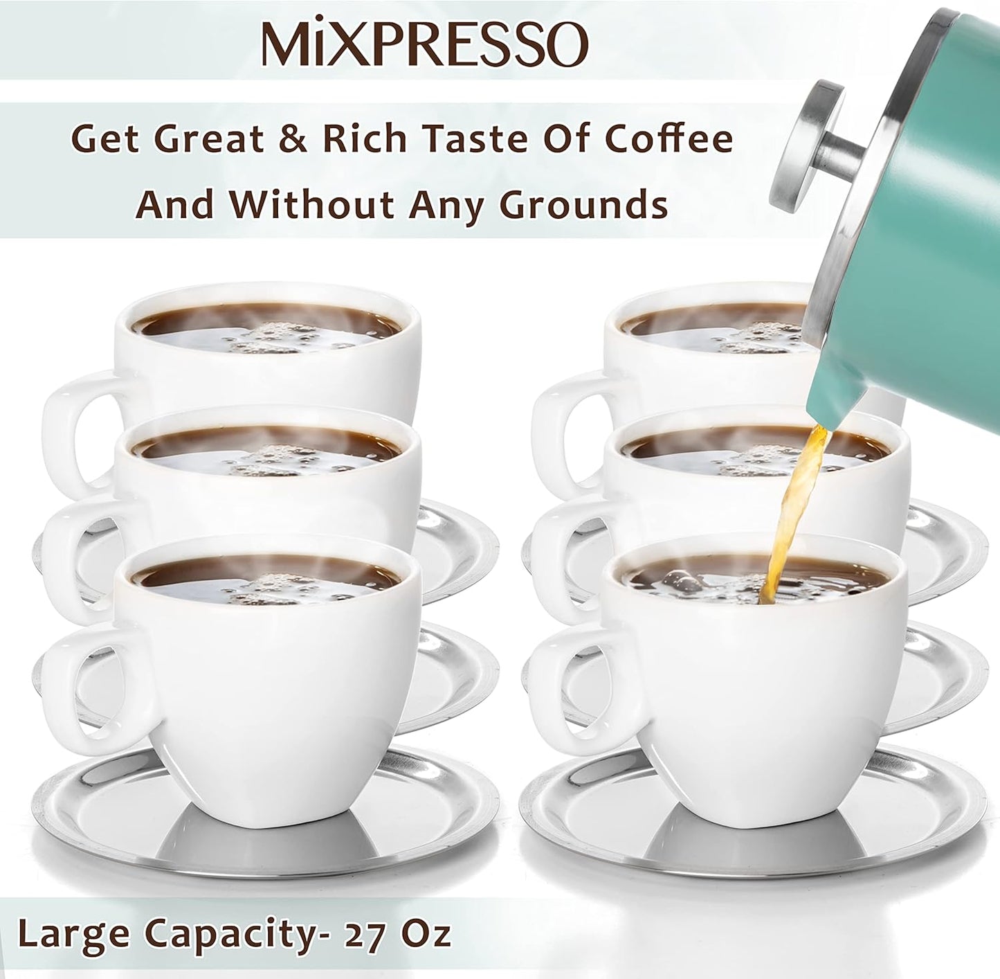 Mixpresso Green Stainless Steel French Press Coffee Maker 26 Oz 770 Ml, Double Wall Insulated French Press Stainless Steel, Easy Clean Tea Brewer, Easy Press Durable Metal Coffee Press